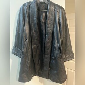 Vintage Jacqueline Ferrar Open Black Leather Jacket Shoulder Pads 1980s 10P